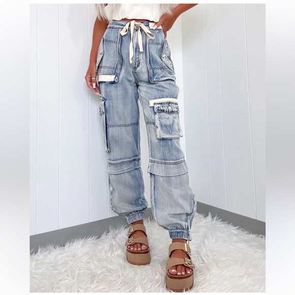 POL Denim - POL Multi Cargo Pocket Drawstring Waist Baggy Denim Joggers Women’s Large